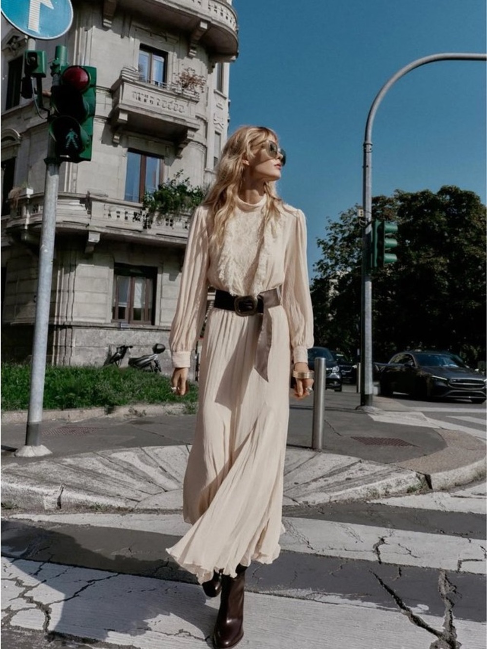 Zara Cream Long Sleeve Maxi Dress with Lace Bodice and Belt